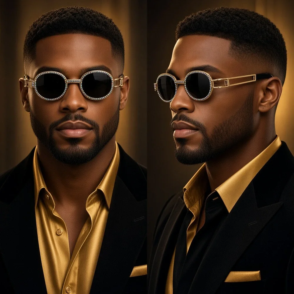 Rhinestone Sunglasses Oval Frame Gold Metal Designer Fashion Men Hip Hop Diamond